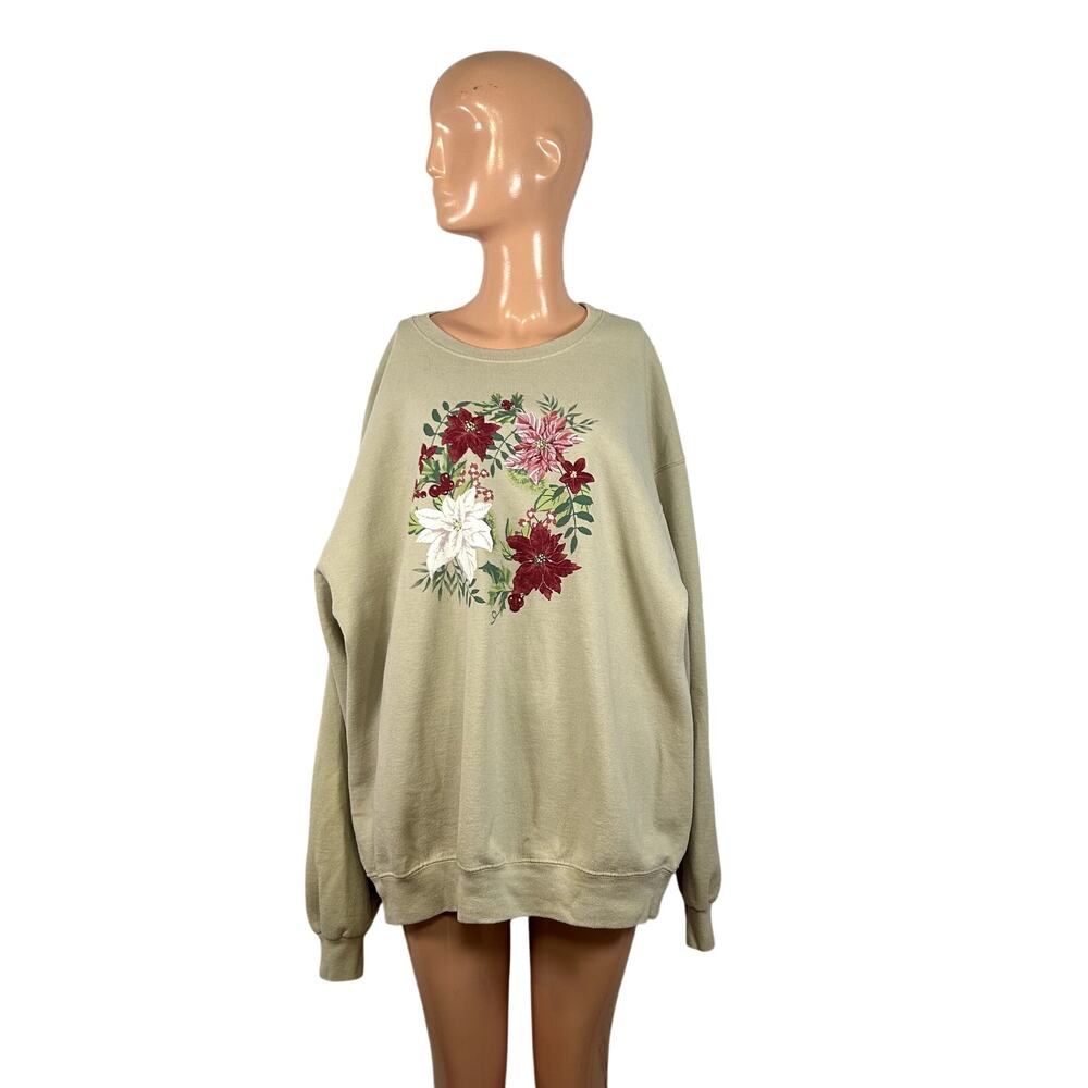 VTG 90s Jerzees XL Tan Christmas Poinsettia Fleece Sweatshirt Grandma Holiday